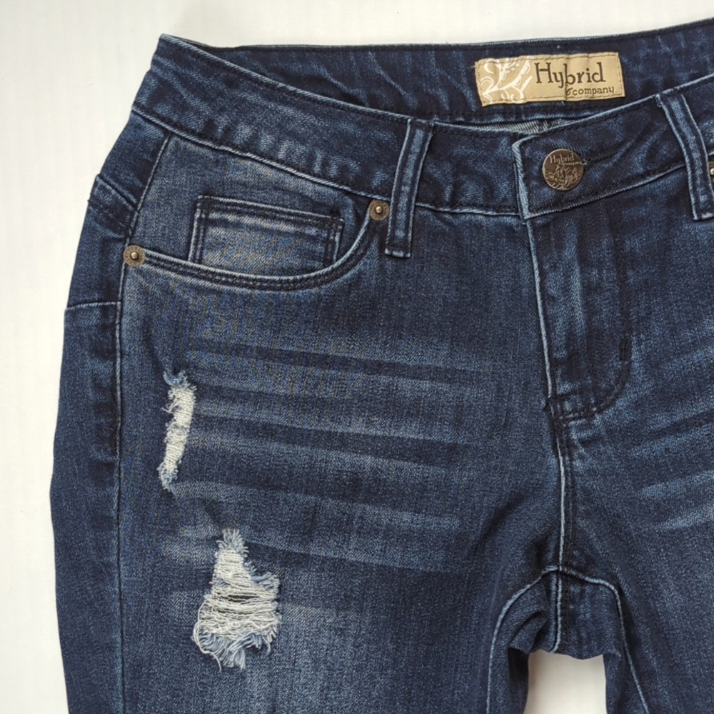 Hybrid & Co. Butt Lift Stretch Distressed Ripped Bermuda Jean City Shorts 3 Blue - Picture 10 of 13